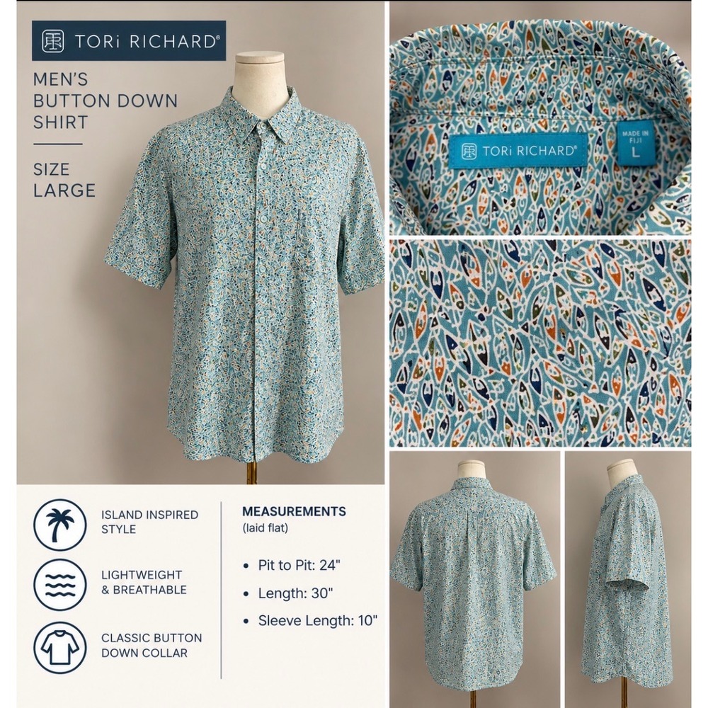 Tori Richard Teal Blue Fish Print Short Sleeve Button Down Shirt Large Womens